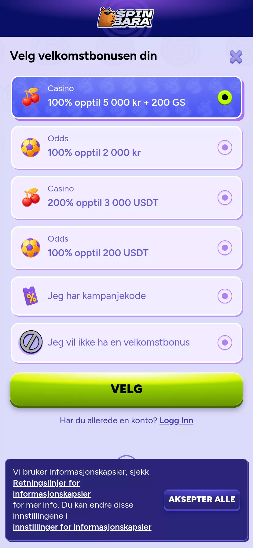 Mobile screen. Spinbara 100% up to kr5000 + 200 FS + 1 Bonus Crab