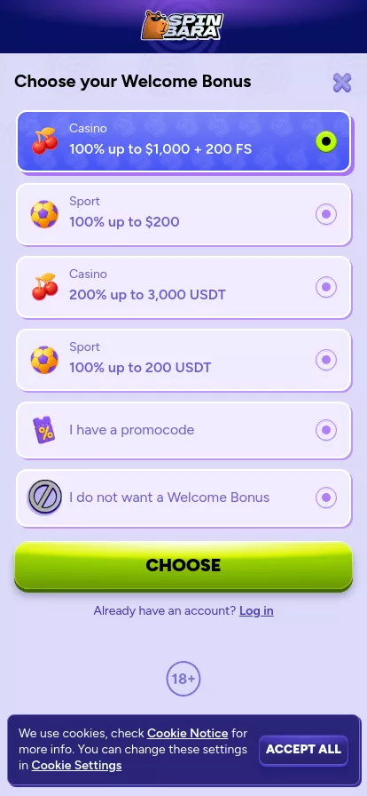 Mobile screen. Spinbara 100% up to NZ$1000 + 200 FS + 1 Bonus Crab