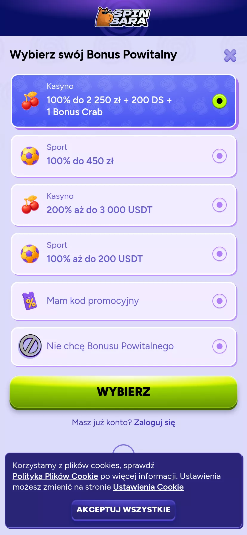 Mobile screen. Spinbara 100% up to zł2250 + 200 FS + 1 Bonus Crab
