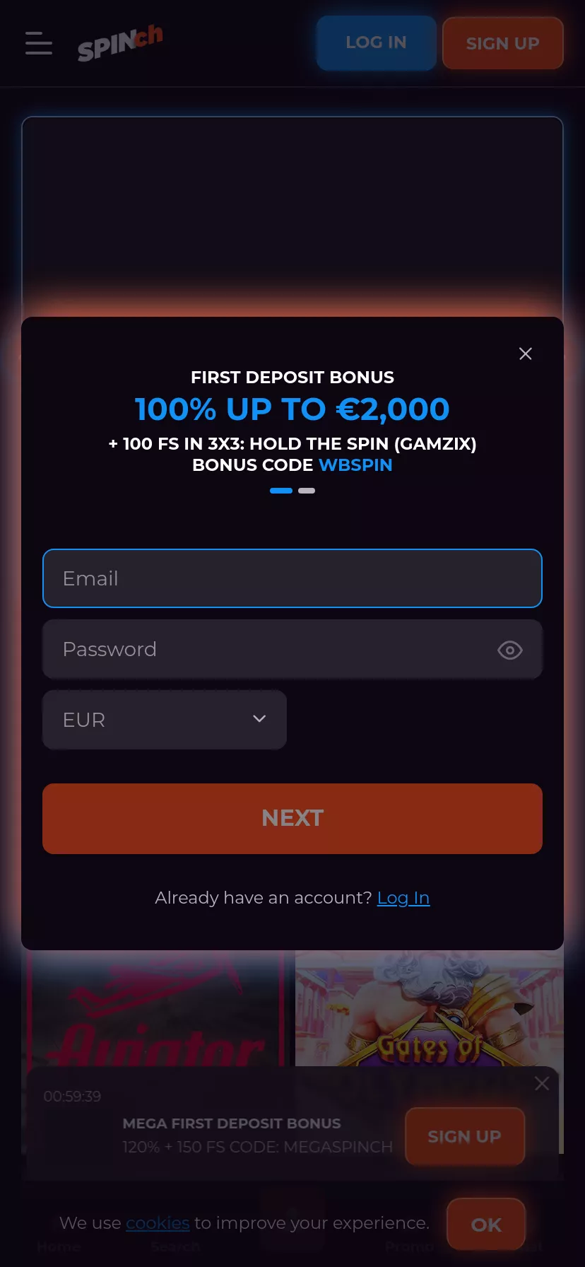 Mobile screen. Spinch Casino Up to $6000 + 250 FS