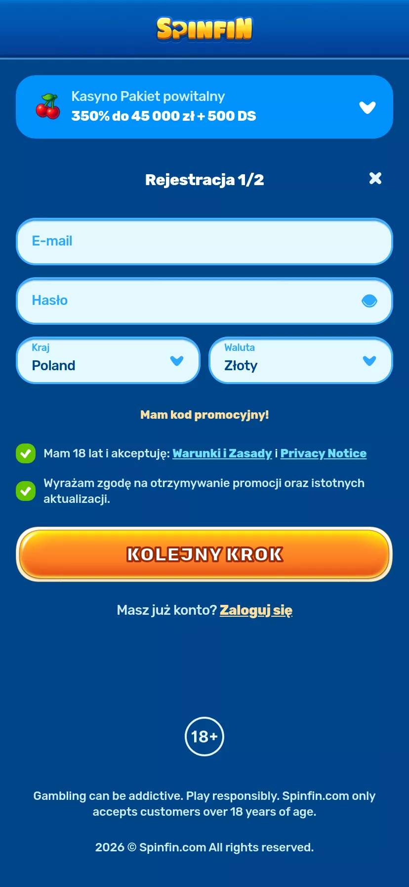 Mobile screen. Spinfin 100% up to zł2700 + 200 FS