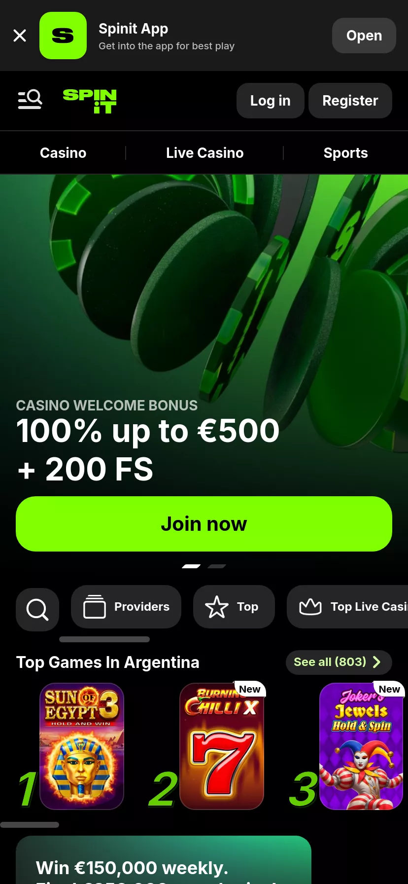 Mobile screen. Spinit Casino 100% up to $500 + 200 FS + 1 Bonus Crab