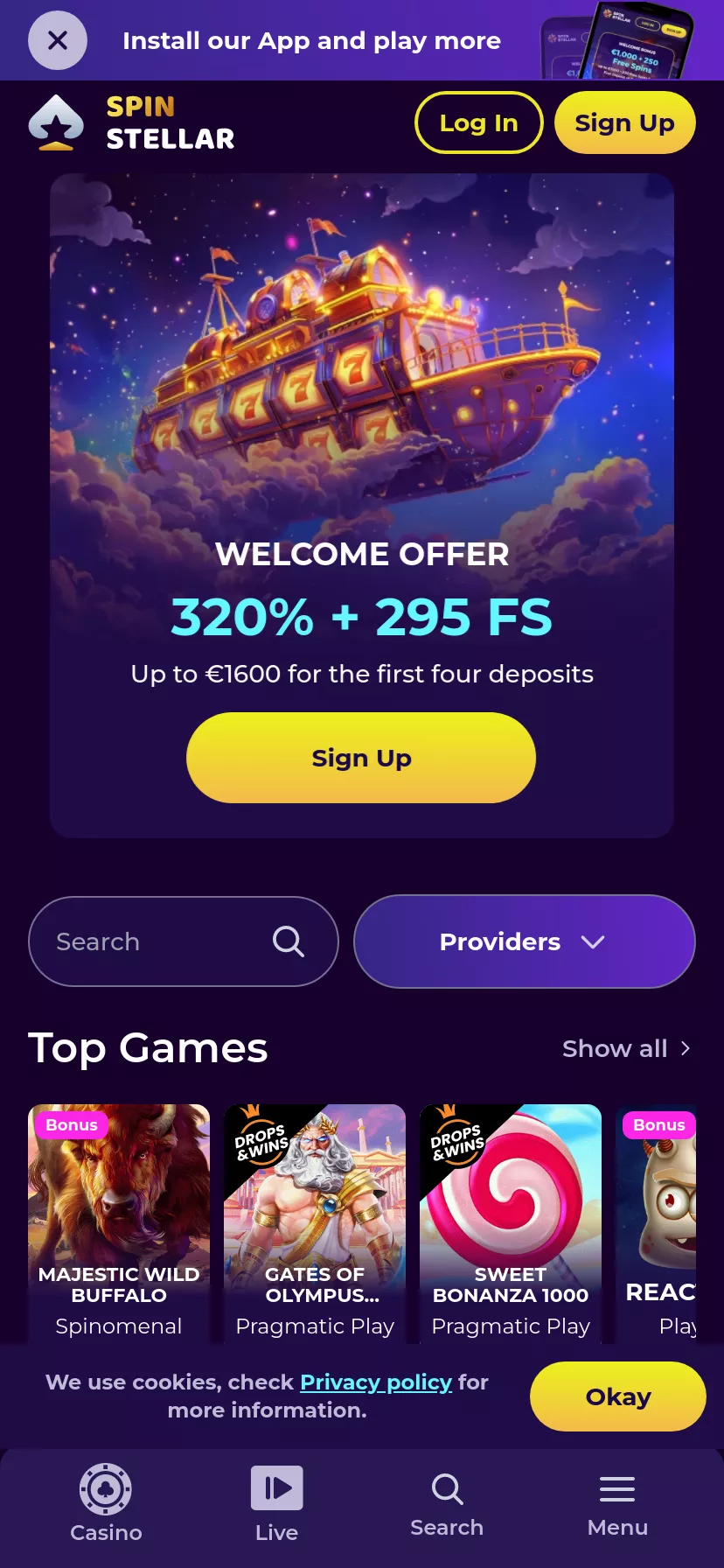 Mobile screen. Spinstellar Casino Up to $1600 + 295 FS
