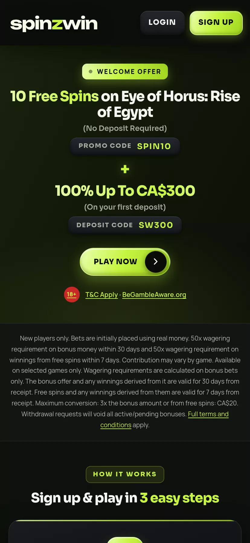 Mobile screen. Spinzwin 100% up to $300