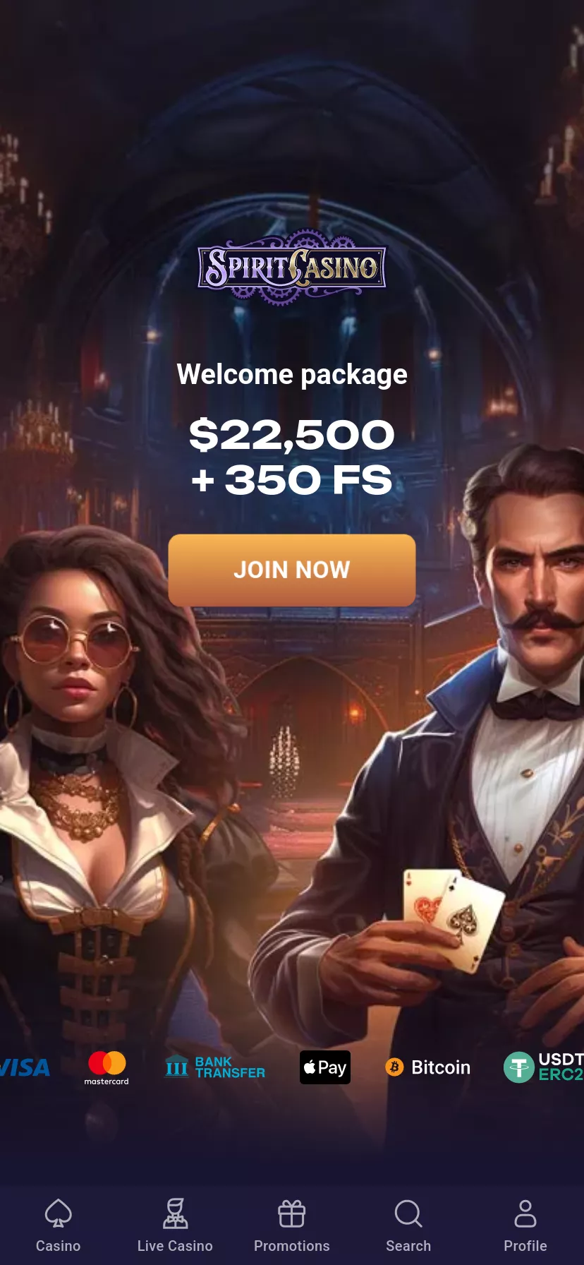 Mobile screen. Spirit Casino Up to $15000 + 350 FS