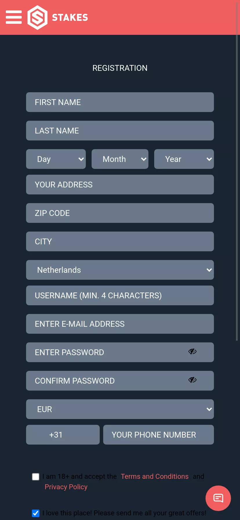 Mobile screen. Stakes Casino 200% up to €500 + 50 FS