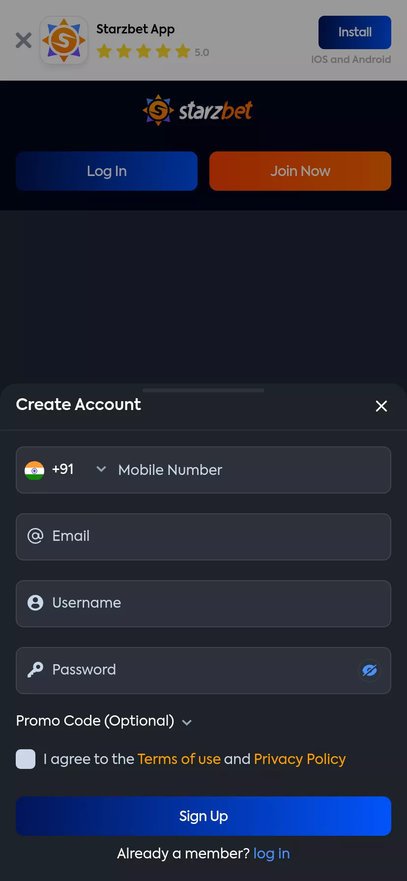 Mobile screen. Starzbet 100% up to $1000