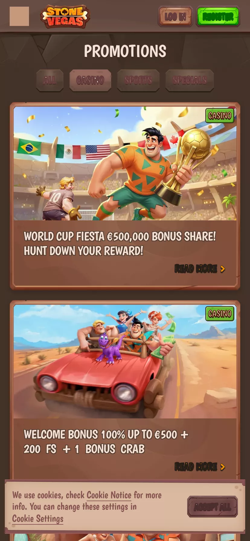 Mobile screen. Stone Vegas 100% up to $500 + 200 FS + 1 Bonus Crab