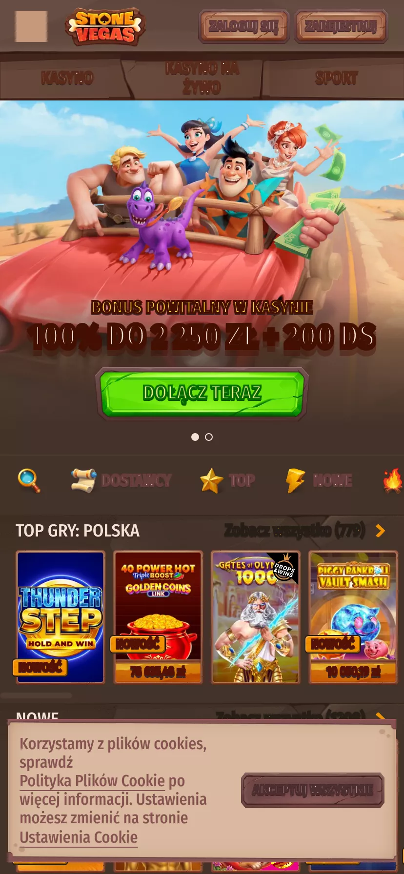 Mobile screen. Stone Vegas 100% up to zł2250 + 200 FS + 1 Bonus Crab