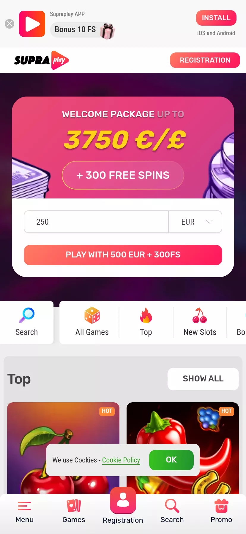 Mobile screen. Supraplay Up to $2000 + 310 FS