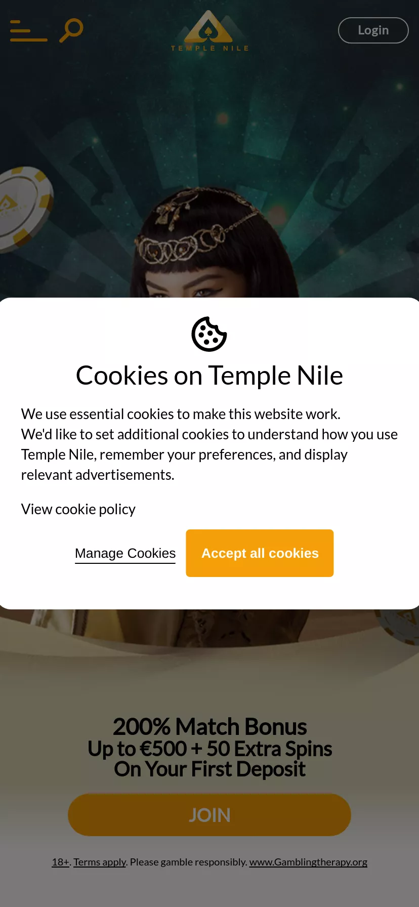 Mobile screen. Temple Nile 100% up to $1000 + 30 FS