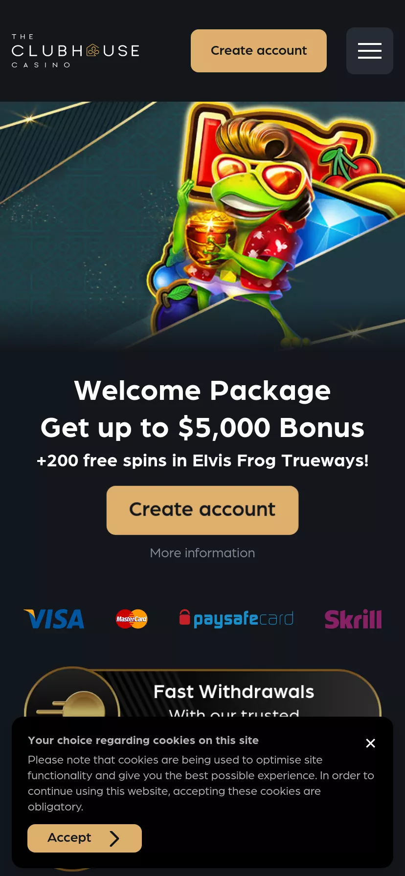 Mobile screen. The ClubHouse Casino Up to $1200 + 150 FS