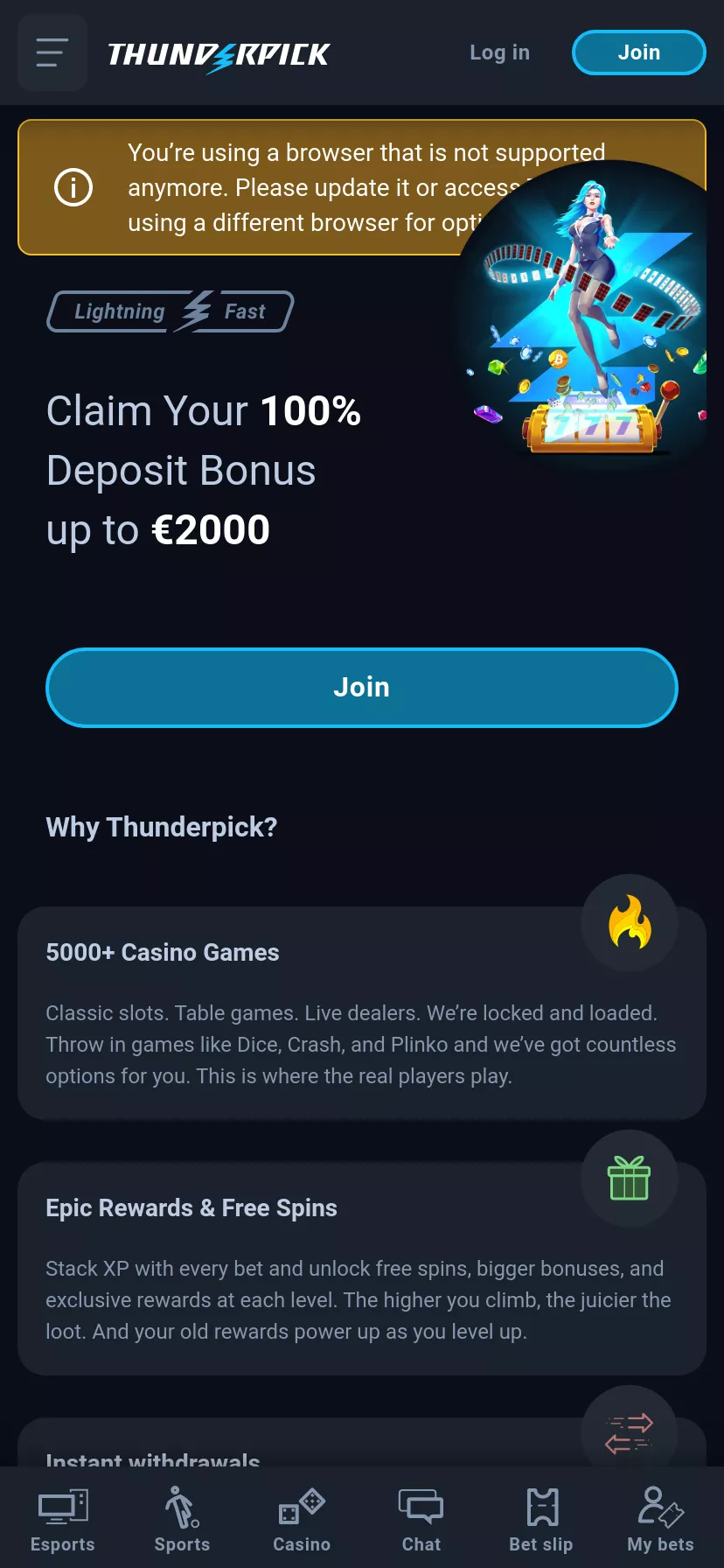 Mobile screen. Thunderpick Casino 100% up to $500