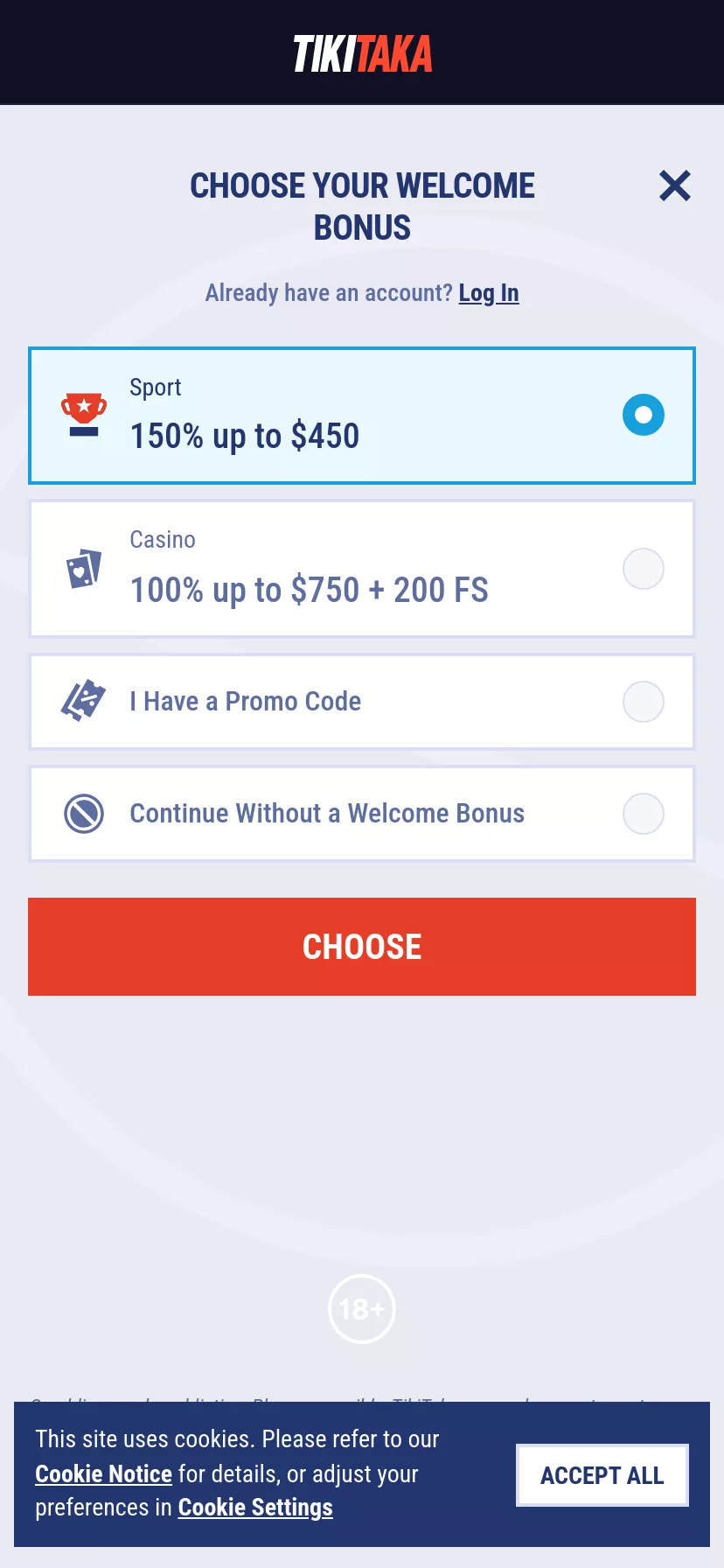 Mobile screen. Tikitaka Casino 50% up to $700 + 50 FS