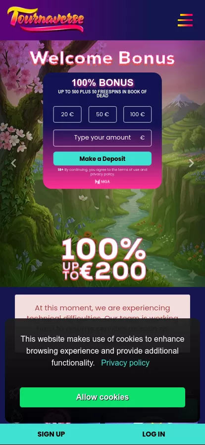 Mobile screen. Tournaverse Casino 100% up to $777
