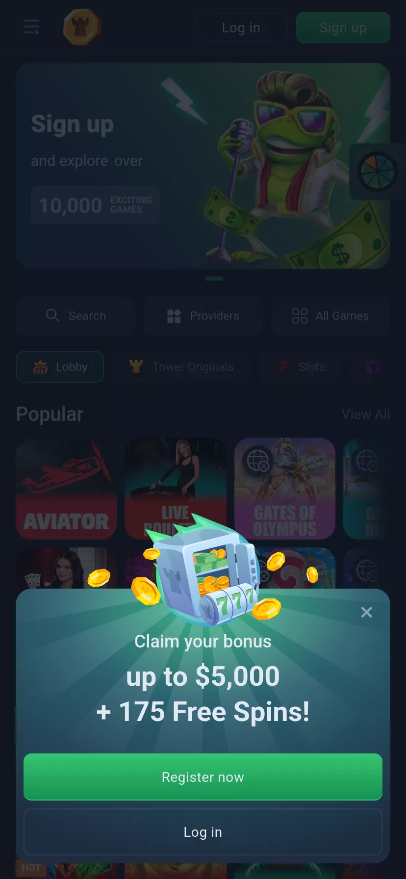 Mobile screen. Towerbet 100% up to ₮5000 + 175 FS