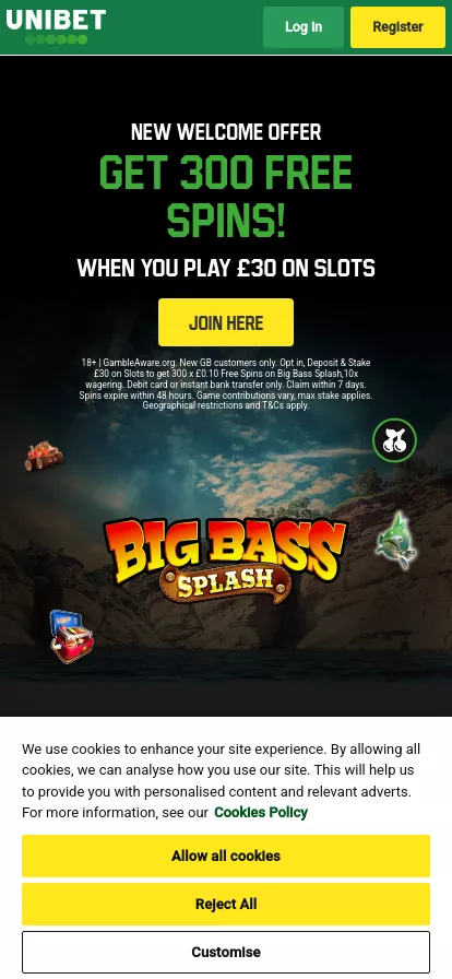Mobile screen. Unibet Get 200 FS