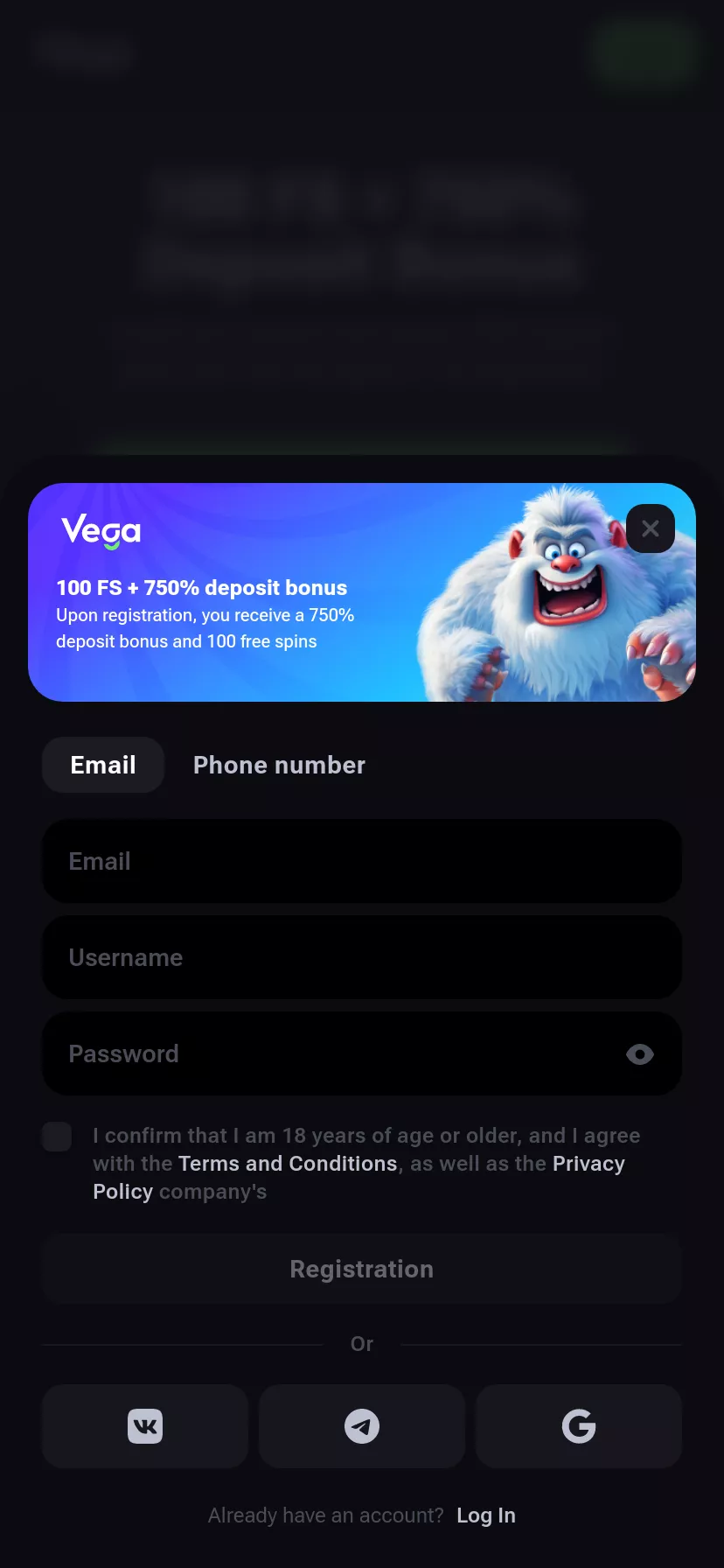 Mobile screen. Vega Bet Up to $5000 + 100 FS