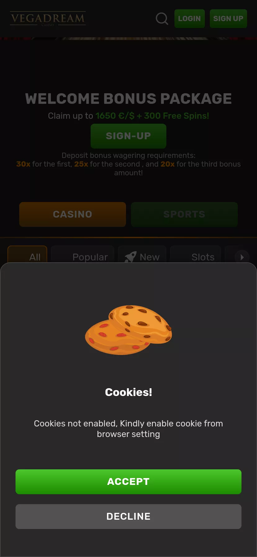 Mobile screen. Vegadream Casino Up to $1650 + 300 FS