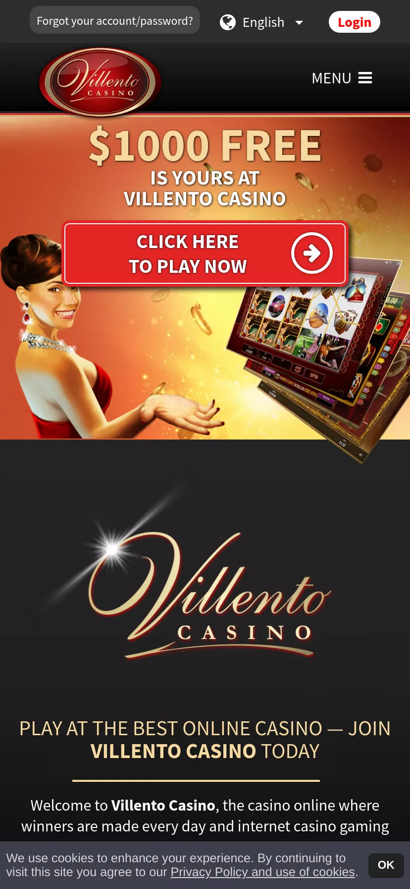 Mobile screen. Villento Casino Up to $1000