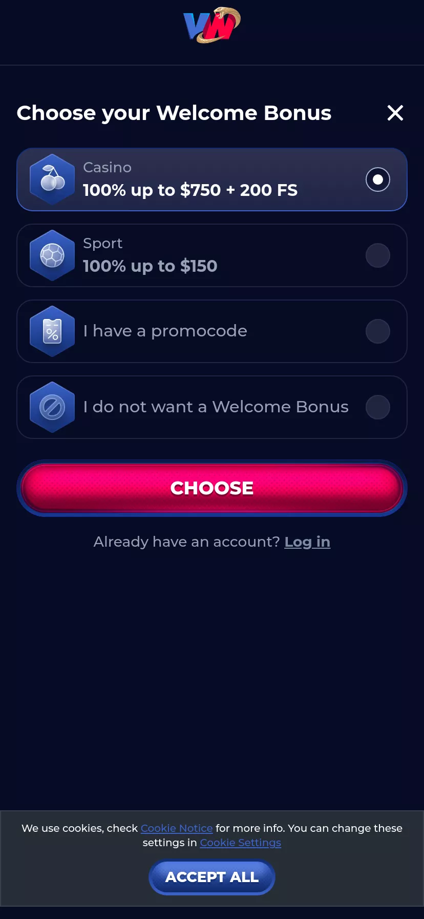 Mobile screen. ViperWin Casino 100% up to $500 + 200 FS + 1 Bonus Crab
