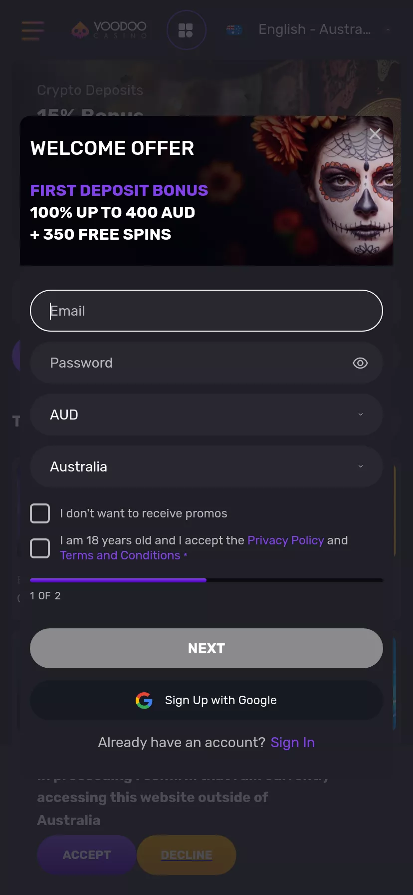 Mobile screen. Voodoo Casino Up to A$1600 + 350 FS