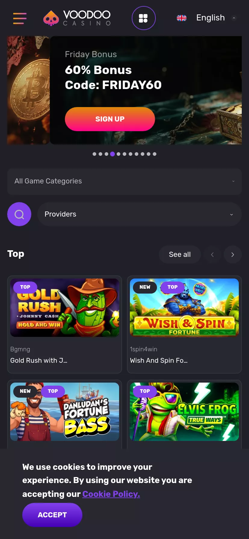 Mobile screen. Voodoo Casino Up to $1000 + 350 FS