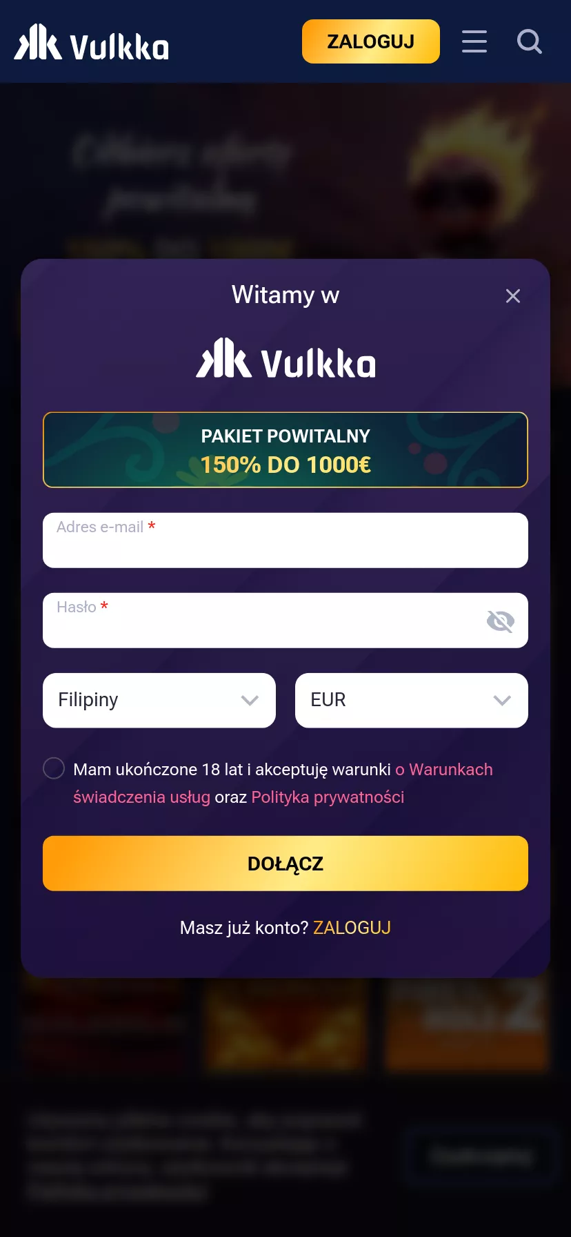 Mobile screen. Vulkka Up to €2000