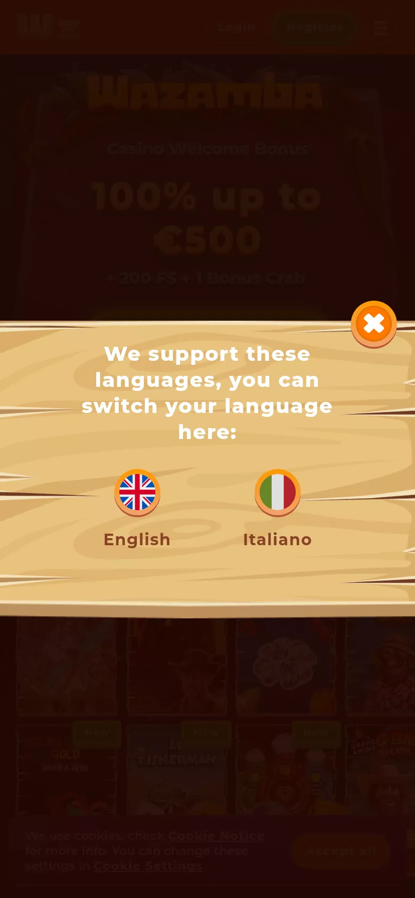 Mobile screen. Wazamba 100% fino a €500 + 200 FS + 1 Bonus Crab