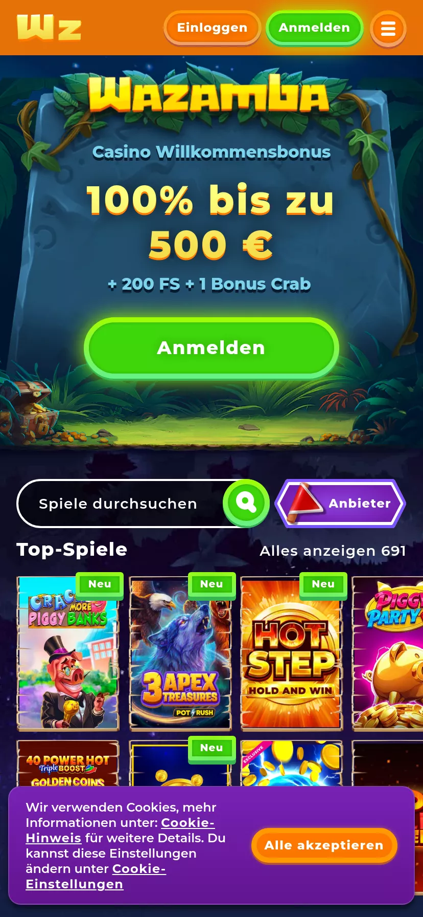 Mobile screen. Wazamba Bis zu 100 mBTC + 100 FS