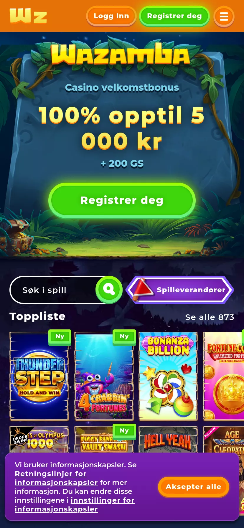 Mobile screen. Wazamba 100% up to kr5000 + 200 FS + 1 Bonus Crab