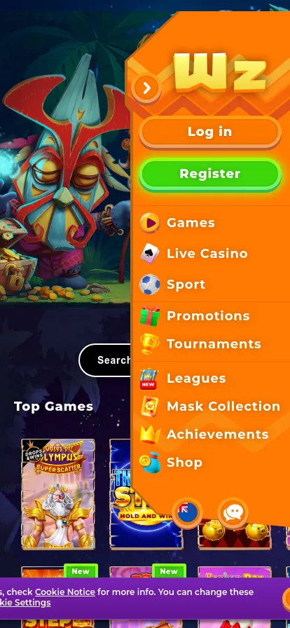 Mobile screen. Wazamba 100% up to NZ$1000 + 200 FS + 1 Bonus Crab