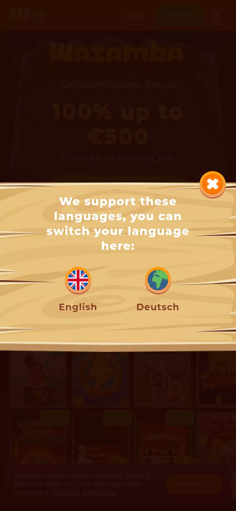 Mobile screen. Wazamba 100% up to $500 + 200 FS + 1 Bonus Crab