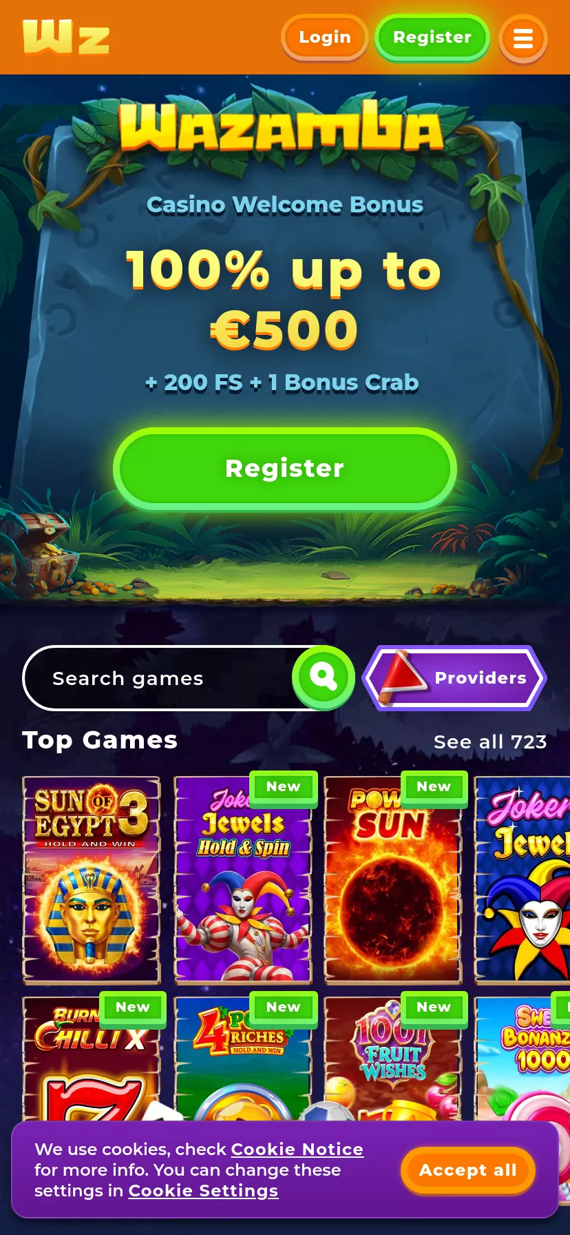 Mobile screen. Wazamba Up to 100 mBTC + 100 FS + 1 Bonus Crab