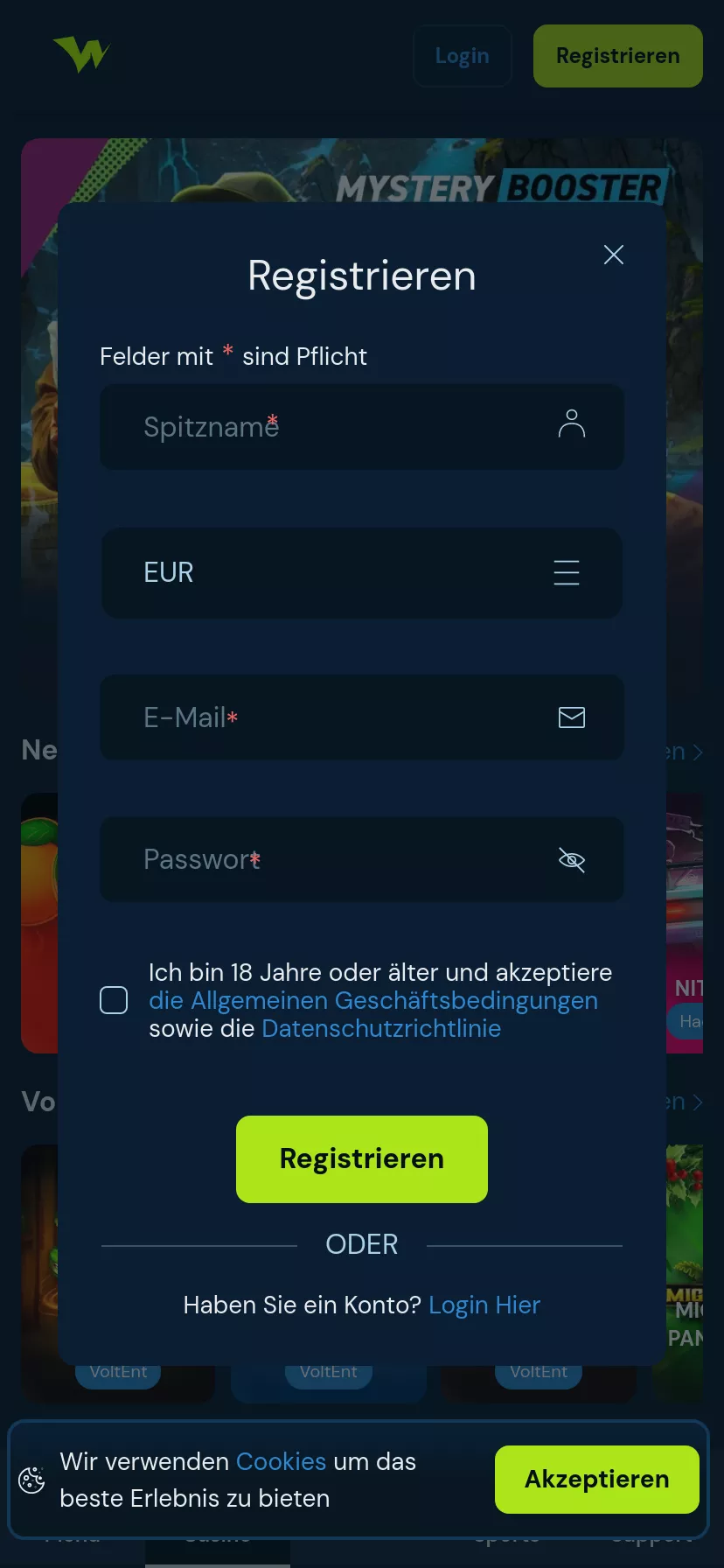 Mobile screen. Wikibet Casino 100% up to $500 + 200 FS