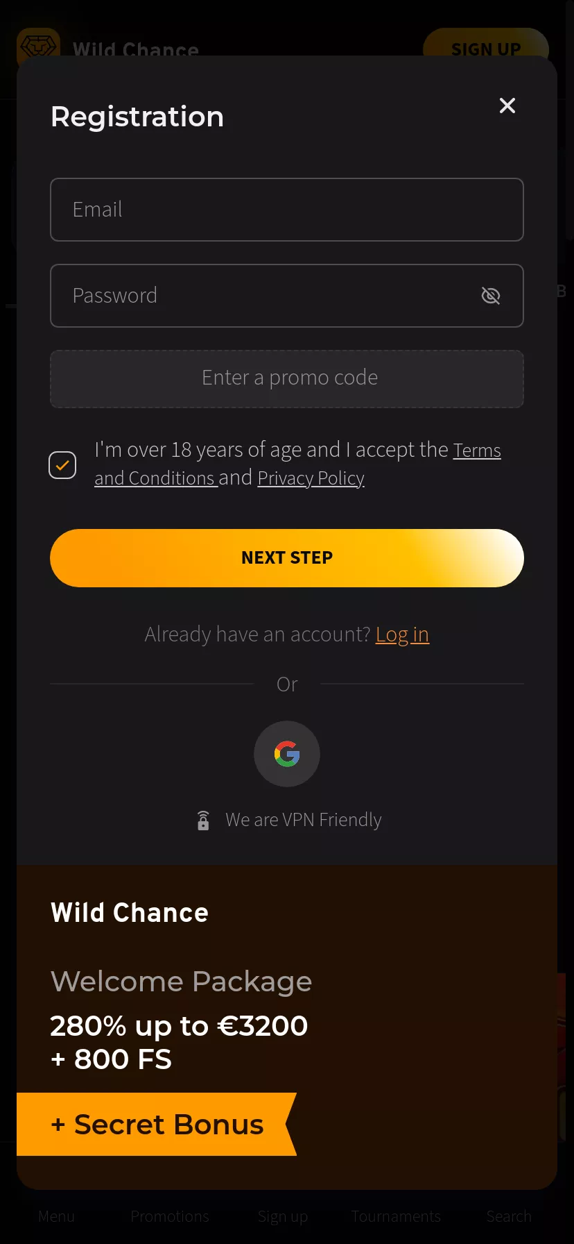 Mobile screen. Wild Chance Up to €3200 + 800 FS