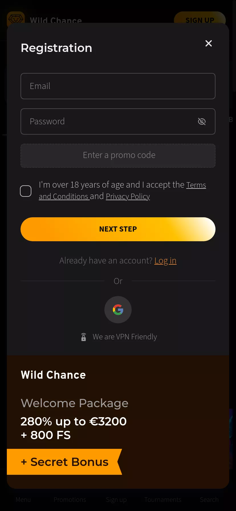 Mobile screen. Wild Chance Up to €3200 + 800 FS