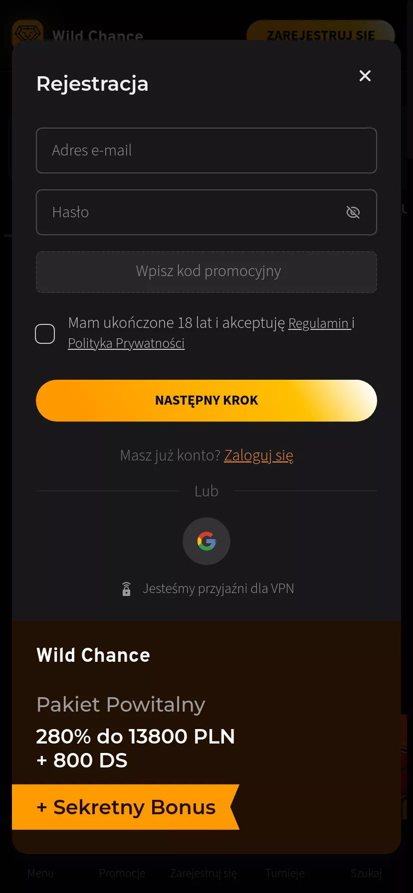 Mobile screen. Wild Chance Up to zł13800 + 800 FS
