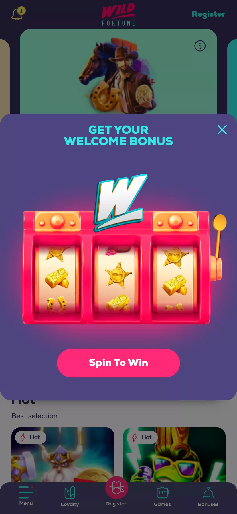 Mobile screen. Wild Fortune Up to €5000 + 250 FS