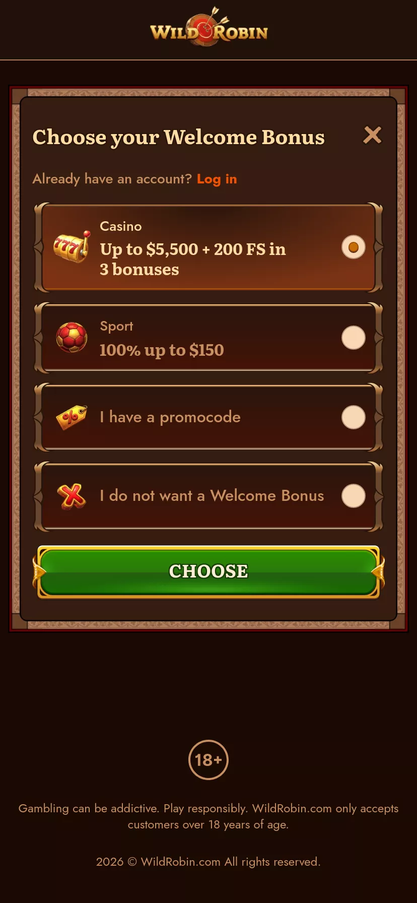Mobile screen. WildRobin Casino 100% up to $500 + 200 FS + 1 Bonus Crab