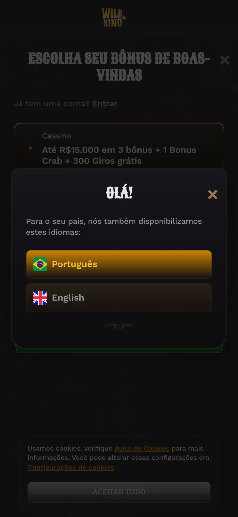 Mobile screen. Wildsino Até $2500 + 300 FS + 1 Bonus Crab