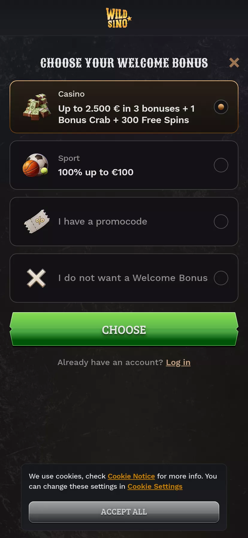 Mobile screen. Wildsino Up to $2500 + 300 FS + 1 Bonus Crab