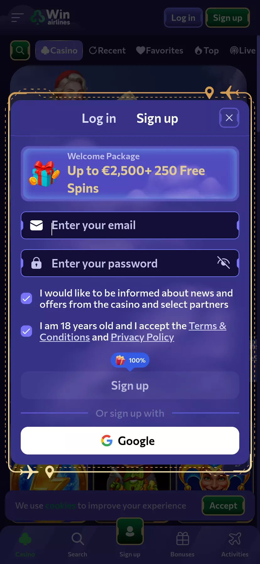 Mobile screen. Win Airlines Up to $2000 + 150 FS