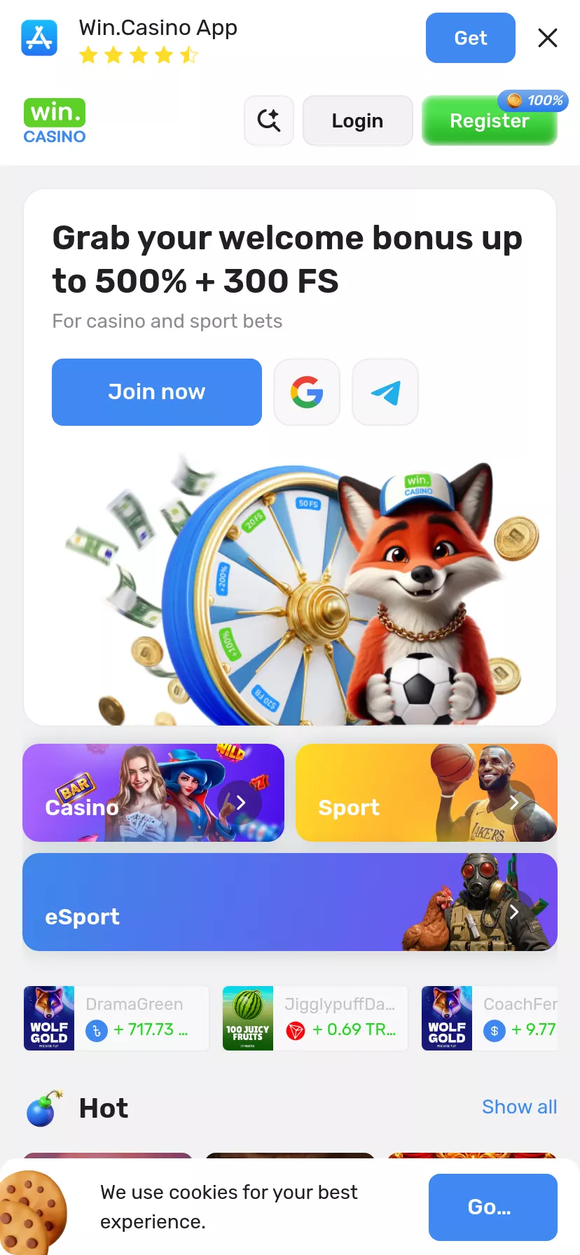 Mobile screen. Win.Casino Up to $420000 + 200 FS