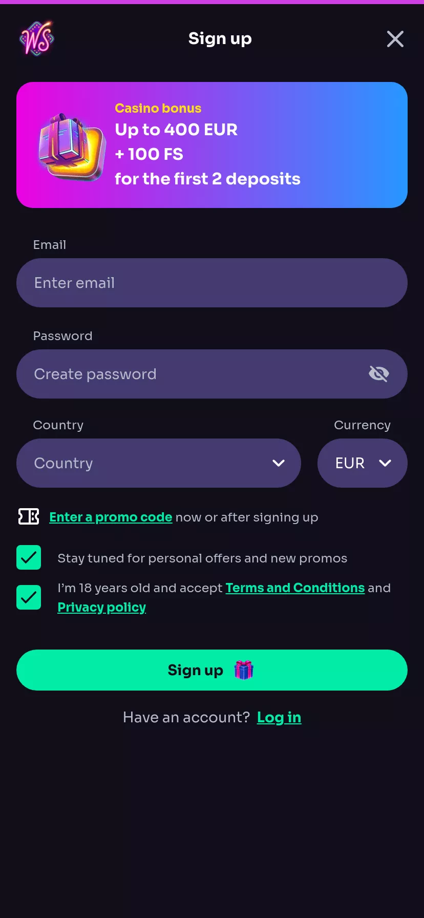 Mobile screen. Win Spirit Casino Up to $400 + 100 FS