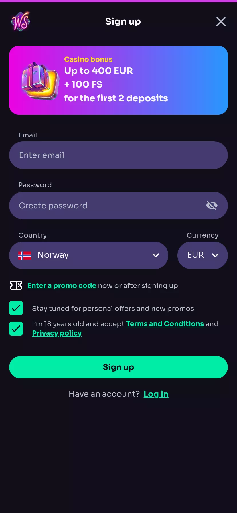 Mobile screen. Win Spirit Casino Up to €400 + 100 FS