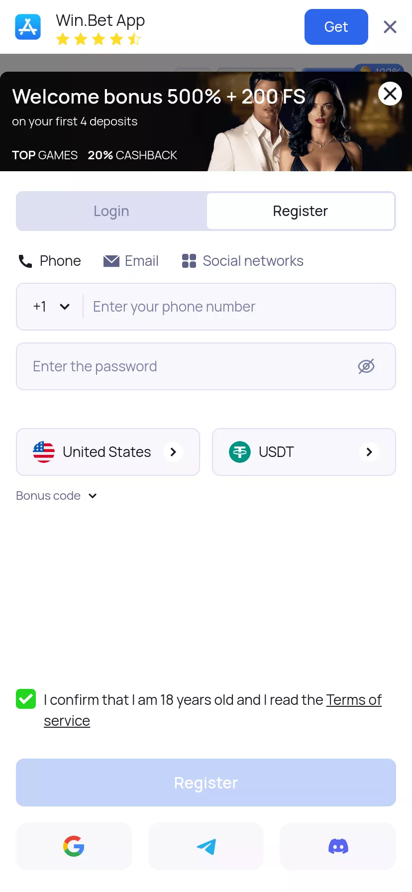 Mobile screen. Win.bet Até $5000 + 200 FS