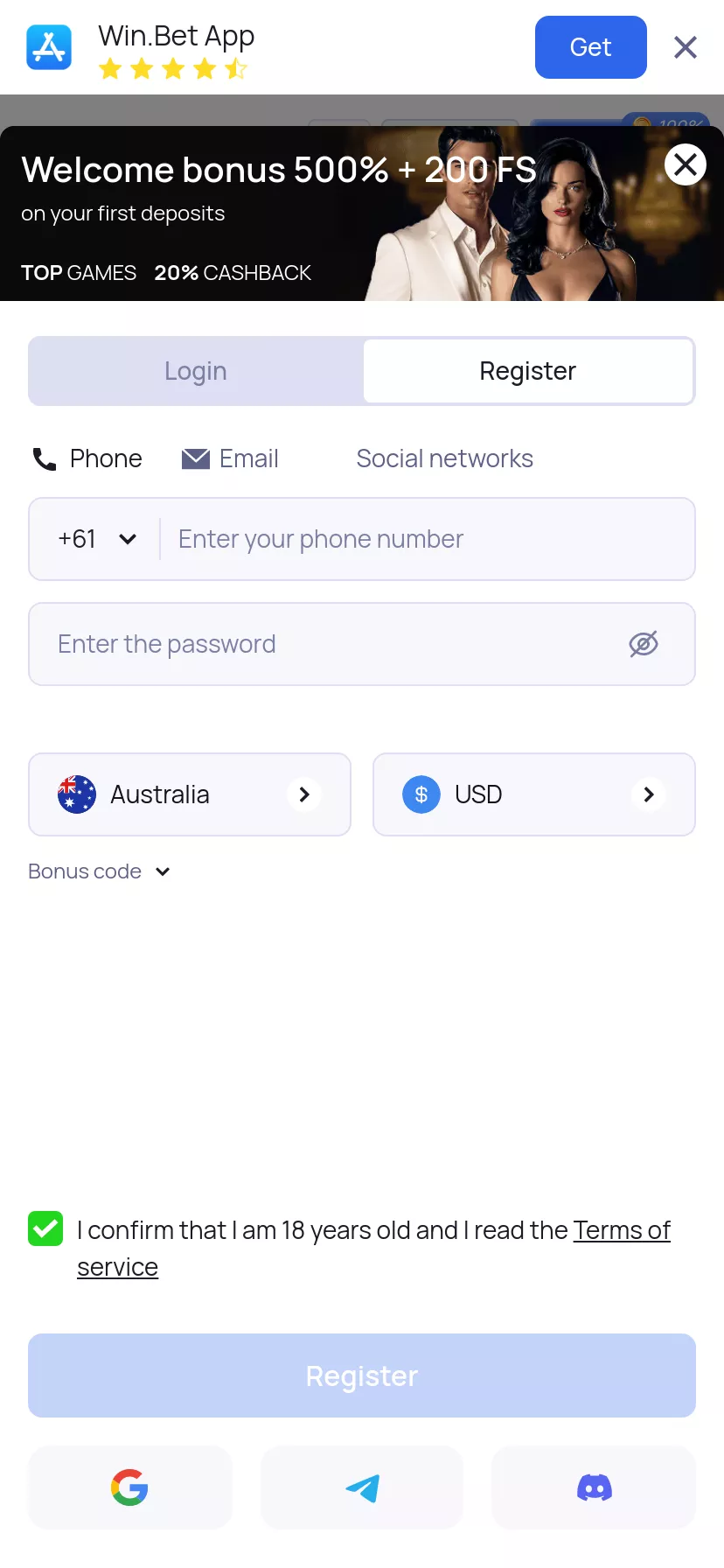Mobile screen. Win.bet Up to $5000 + 200 FS