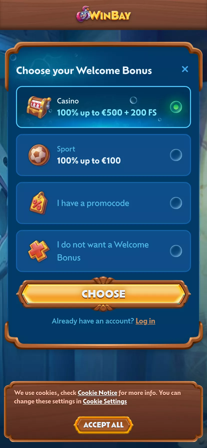 Mobile screen. WinBay Casino 100% up to $500 + 200 FS