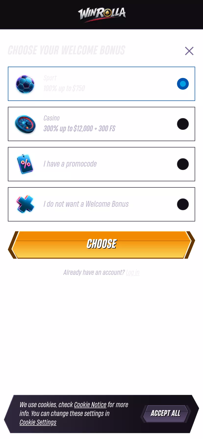 Mobile screen. WinRolla Up to C$12000 + 300 FS + 1 Bonus Crab